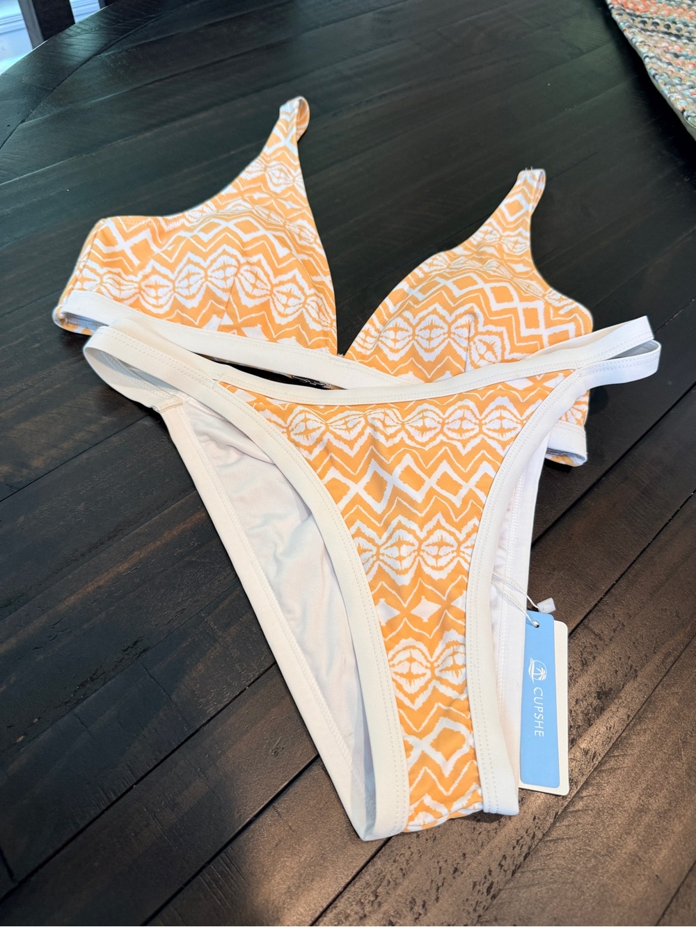 Cupshe mustard And White Geometric Bikini Top NWOT Bottom NWT Size L